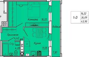 1-к квартира, вторичка, 44м2, 8/9 этаж