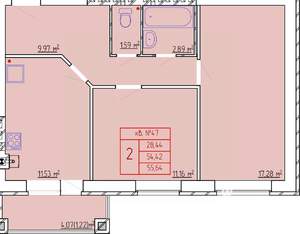 2-к квартира, строящийся дом, 54м2, 4/4 этаж