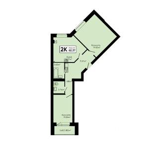 2-к квартира, вторичка, 62м2, 1/4 этаж