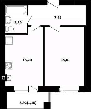 1-к квартира, строящийся дом, 40м2, 2/4 этаж