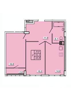 2-к квартира, строящийся дом, 66м2, 2/17 этаж