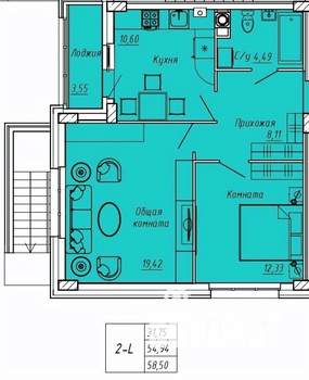 2-к квартира, вторичка, 59м2, 1/9 этаж